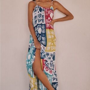 Anthropologie Colorblock Floral Maxi Dress — Blue, Teal, Yellow, Red, White